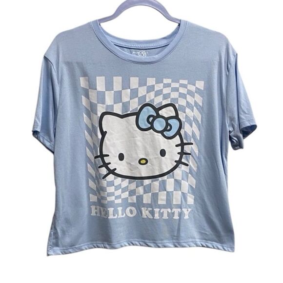 Sanrio Hello Kitty Blue Checkerboard Graphic Crop T-Shirt – Size M - Picture 1 of 10